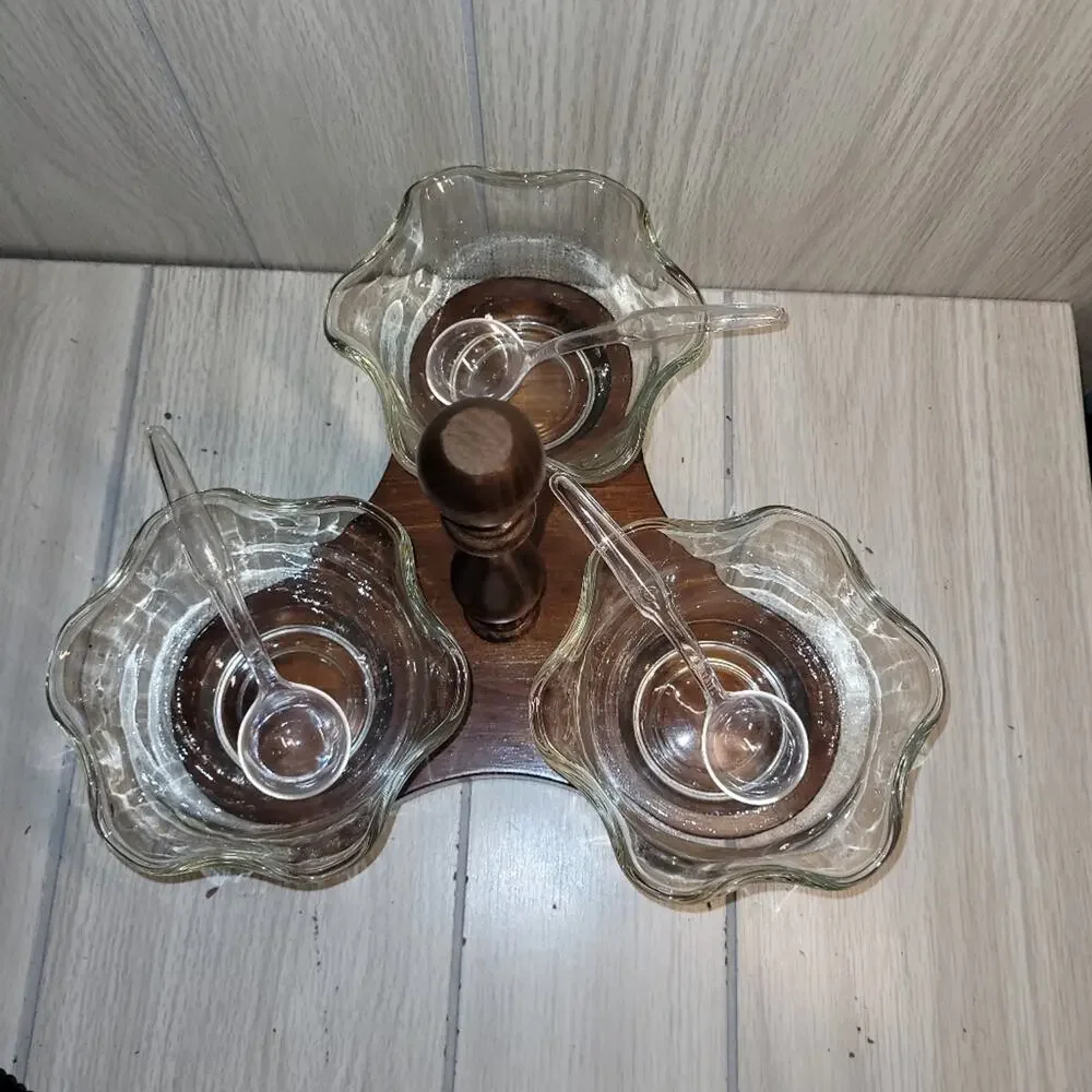 Vtg 70s Handcrafted Cornwall Wood/Glass Condiment Tray Serving Dish Hostess
